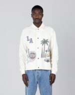 All Over LA Fleece Coaches Jacket Bone worn by model