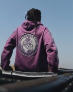 Denim Panel Hoodie Purple worn by model
