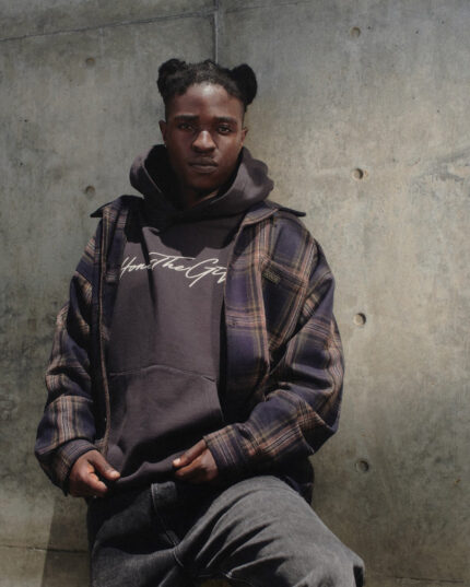 Script Hoodie Black worn by model