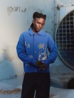 All Over LA Fleece Coaches Jacket Midnight Blue worn by model