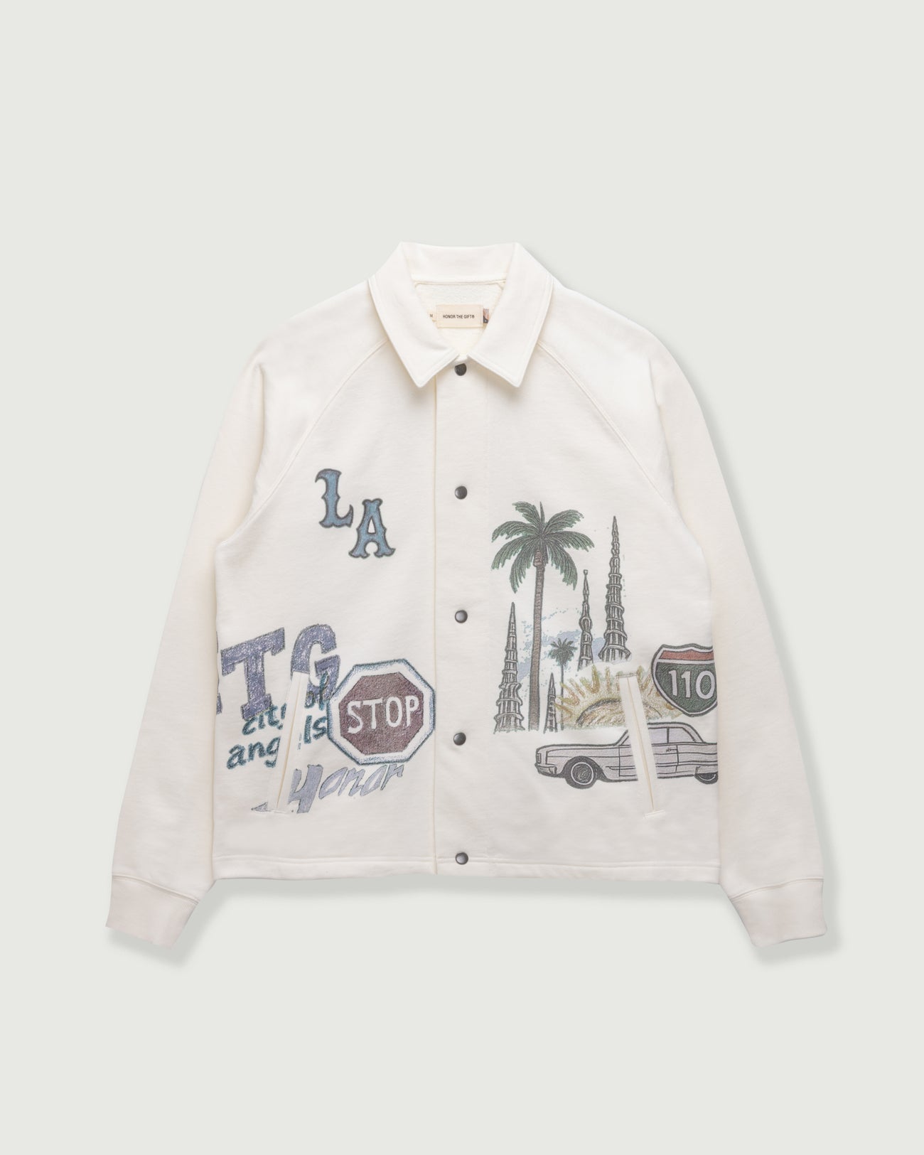 All Over LA Fleece Coaches Jacket - Bone All Over LA Fleece Coaches Jacket Bone front view