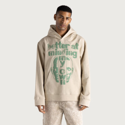 Better At Minding My Own Hoodie Taupe worn by model