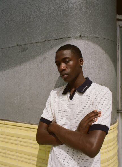 Pique Colorblock Polo Bone worn by model