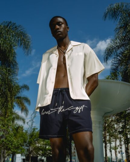 Hybrid Cursive 5 inch Trunk Navy worn by model