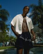 Satin Chest Logo Camp Collar Sand worn by model