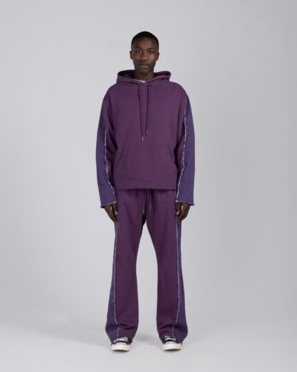 Denim Panel Flare Sweatpant Purple worn by model