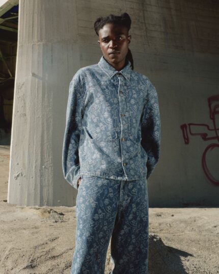 Floral Utility Jacket Light Indigo worn by model