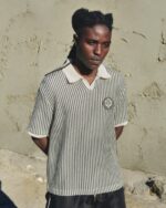 Striped Knit Polo Bone worn by model