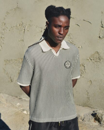 Striped Knit Polo Bone worn by model