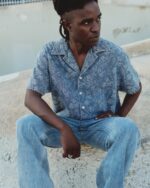 Jacquard Short Sleeve Camp Shirt Light Indigo worn by model