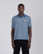 Striped Knit Polo Indigo worn by model