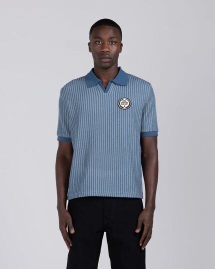 Striped Knit Polo Indigo worn by model