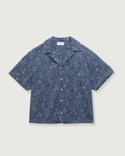 Jacquard Short Sleeve Camp Shirt Light Indigo front view