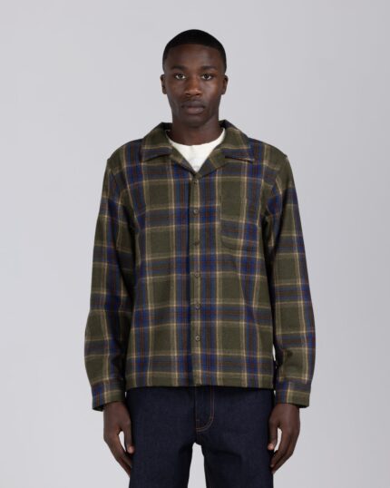 Plaid Flannel Overshirt Olive worn by model