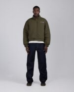 Script Puffer Jacket Olive streetwear look