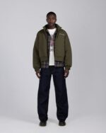 Script Puffer Jacket Olive script embroidery detail