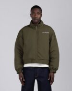 Script Puffer Jacket Olive worn by model