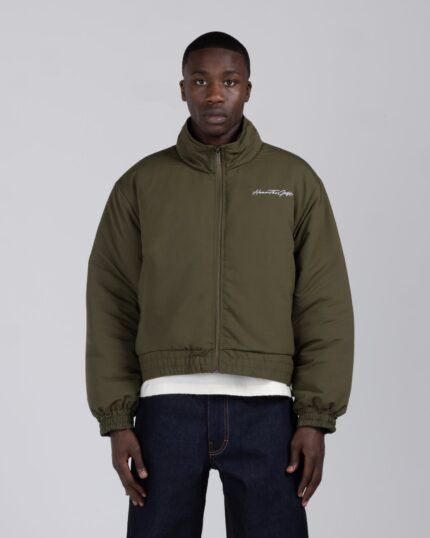 Script Puffer Jacket Olive worn by model