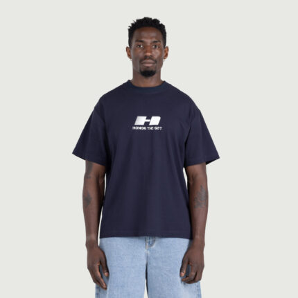 H Logo Tee Navy worn by model