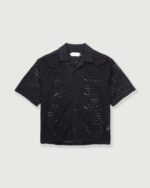Pointelle Crochet Camp Collar Black front view
