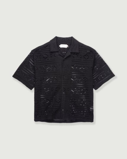 Pointelle Crochet Camp Collar Black front view