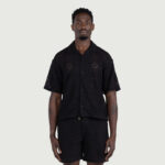 Pointelle Crochet Camp Collar Black worn by model