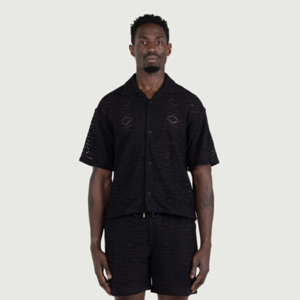 Pointelle Crochet Camp Collar Black worn by model