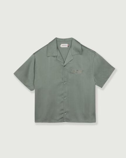 Satin Chest Logo Camp Collar Sage front view