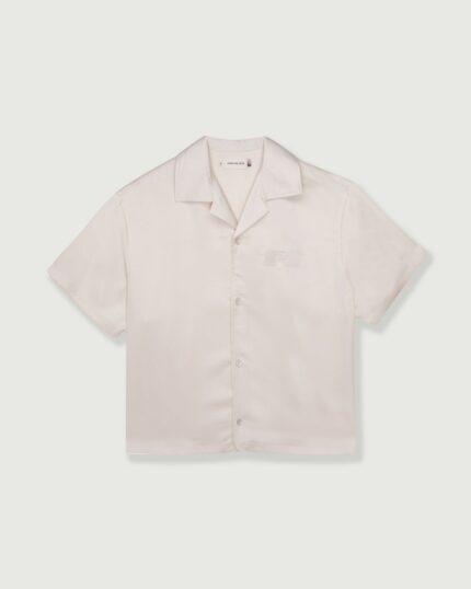Satin Chest Logo Camp Collar Sand front view