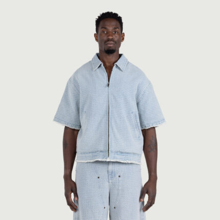 Vintage Indigo Zip Front Short Sleeve Light Indigo worn by model