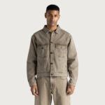 Washed Twill Trucker Taupe worn by model